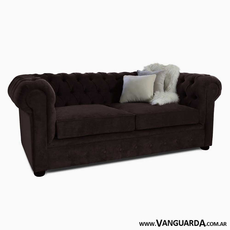 sofa Chesterfield 3 cuerpos pana chcolate lateral